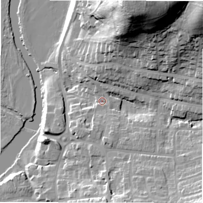 Shaded relief map of the ground around DE159DU, computed from Environment Agency LiDAR. The ground here sits at about 54 m above sea level and falls 59 m across the surrounding 800 m. Surface water reaching this point runs off ground lying to the north-north-east, 51.1 m higher.