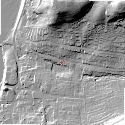 Shaded relief map of the ground around DE159DZ, computed from Environment Agency LiDAR. The ground here sits at about 56 m above sea level and falls 63 m across the surrounding 800 m. Surface water reaching this point runs off ground lying to the north-east, 52.9 m higher.