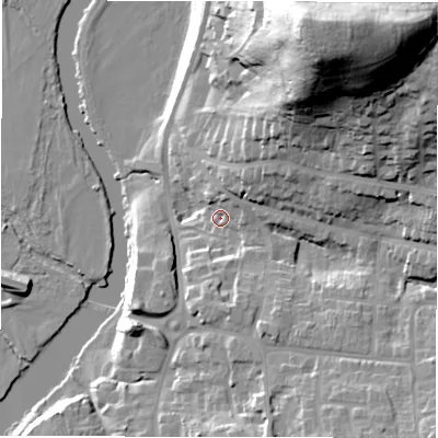 Shaded relief map of the ground around DE159ER, computed from Environment Agency LiDAR. The ground here sits at about 52 m above sea level and falls 59 m across the surrounding 800 m. Surface water reaching this point runs off ground lying to the north-north-east, 51.8 m higher.