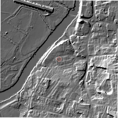 Shaded relief map of the ground around DE159EY, computed from Environment Agency LiDAR. The ground here sits at about 52 m above sea level and falls 42 m across the surrounding 800 m. Surface water reaching this point runs off ground lying to the east-south-east, 2.3 m higher.