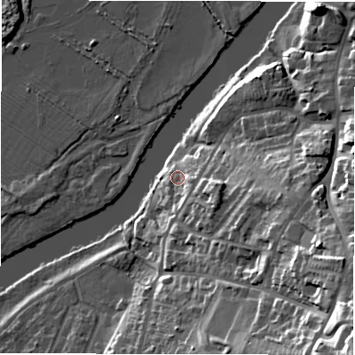 Shaded relief map of the ground around DE159HE, computed from Environment Agency LiDAR. The ground here sits at about 48 m above sea level and falls 35 m across the surrounding 800 m. Surface water reaching this point runs off ground lying to the south-east, 5.9 m higher.