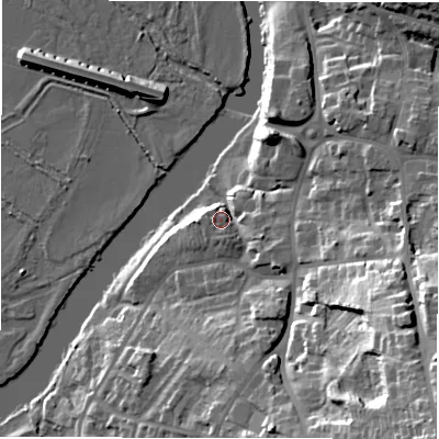 Shaded relief map of the ground around DE159HF, computed from Environment Agency LiDAR. The ground here sits at about 52 m above sea level and falls 41 m across the surrounding 800 m. Surface water reaching this point runs off ground lying to the south-east, 37.2 m higher.