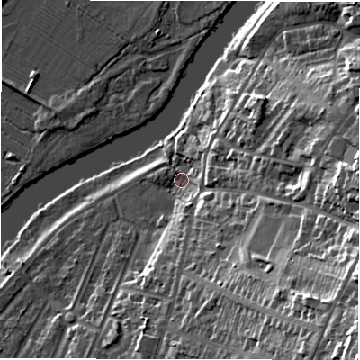 Shaded relief map of the ground around DE159LQ, computed from Environment Agency LiDAR. The ground here sits at about 47 m above sea level and falls 34 m across the surrounding 800 m. Surface water reaching this point runs off ground lying to the south-east, 32.0 m higher.