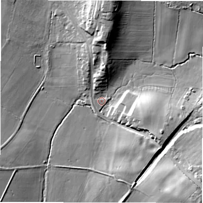 Shaded relief map of the ground around DE159TJ, computed from Environment Agency LiDAR. The ground here sits at about 66 m above sea level and falls 24 m across the surrounding 800 m. Surface water reaching this point runs off ground lying to the north, 16.6 m higher.