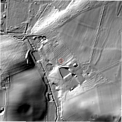 Shaded relief map of the ground around DE159TY, computed from Environment Agency LiDAR. The ground here sits at about 59 m above sea level and falls 27 m across the surrounding 800 m. Surface water reaching this point runs off ground lying to the east, 6.3 m higher.