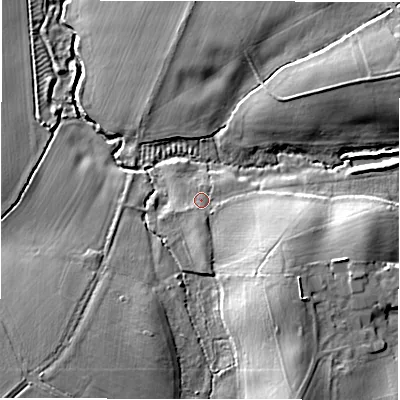 Shaded relief map of the ground around DE159UE, computed from Environment Agency LiDAR. The ground here sits at about 55 m above sea level and falls 16 m across the surrounding 800 m. Surface water reaching this point runs off ground lying to the east-south-east, 7.7 m higher.