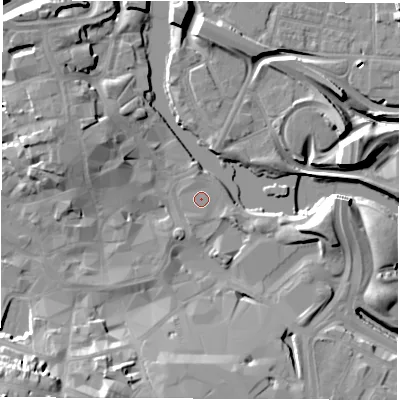 Shaded relief map of the ground around DE19SJ, computed from Environment Agency LiDAR. The ground here sits at about 47 m above sea level and falls 24 m across the surrounding 800 m. The ground contributing surface water to this point lies to the north-north-west.
