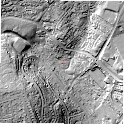 Shaded relief map of the ground around DE212DQ, computed from Environment Agency LiDAR. The ground here sits at about 78 m above sea level and falls 36 m across the surrounding 800 m. Surface water reaching this point runs off ground lying to the north-north-west, 10.9 m higher.