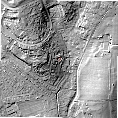 Shaded relief map of the ground around DE212HN, computed from Environment Agency LiDAR. The ground here sits at about 75 m above sea level and falls 36 m across the surrounding 800 m. Surface water reaching this point runs off ground lying to the west, 5.9 m higher.