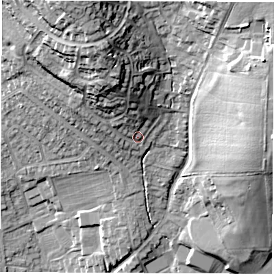 Shaded relief map of the ground around DE212HZ, computed from Environment Agency LiDAR. The ground here sits at about 70 m above sea level and falls 34 m across the surrounding 800 m. Surface water reaching this point runs off ground lying to the north-north-west, 19.1 m higher.