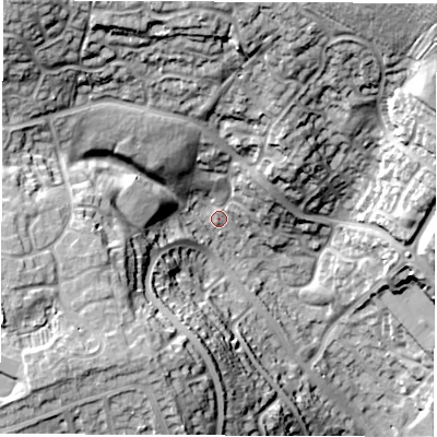 Shaded relief map of the ground around DE212JE, computed from Environment Agency LiDAR. The ground here sits at about 80 m above sea level and falls 36 m across the surrounding 800 m. Surface water reaching this point runs off ground lying to the north-west, 26.1 m higher.