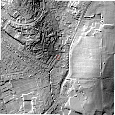 Shaded relief map of the ground around DE212JG, computed from Environment Agency LiDAR. The ground here sits at about 69 m above sea level and falls 35 m across the surrounding 800 m. Surface water reaching this point runs off ground lying to the north-west, 23.9 m higher.
