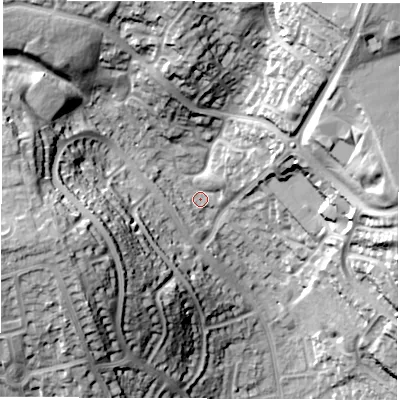 Shaded relief map of the ground around DE212NP, computed from Environment Agency LiDAR. The ground here sits at about 76 m above sea level and falls 34 m across the surrounding 800 m. Surface water reaching this point runs off ground lying to the north-east, 26.9 m higher.