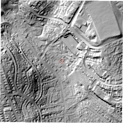 Shaded relief map of the ground around DE212SW, computed from Environment Agency LiDAR. The ground here sits at about 73 m above sea level and falls 34 m across the surrounding 800 m. Surface water reaching this point runs off ground lying to the north-north-east, 25.3 m higher.