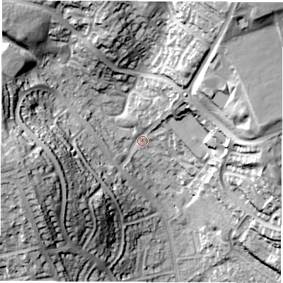 Shaded relief map of the ground around DE212TA, computed from Environment Agency LiDAR. The ground here sits at about 75 m above sea level and falls 34 m across the surrounding 800 m. Surface water reaching this point runs off ground lying to the north-east, 12.5 m higher.