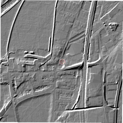 Shaded relief map of the ground around DE214AA, computed from Environment Agency LiDAR. The ground here sits at about 47 m above sea level and falls 9 m across the surrounding 800 m. Surface water reaching this point runs off ground lying to the east, 7.4 m higher.