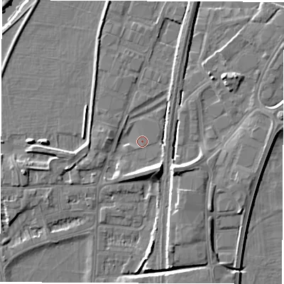 Shaded relief map of the ground around DE214AB, computed from Environment Agency LiDAR. The ground here sits at about 47 m above sea level and falls 9 m across the surrounding 800 m. Surface water reaching this point runs off ground lying to the south-east, 7.4 m higher.