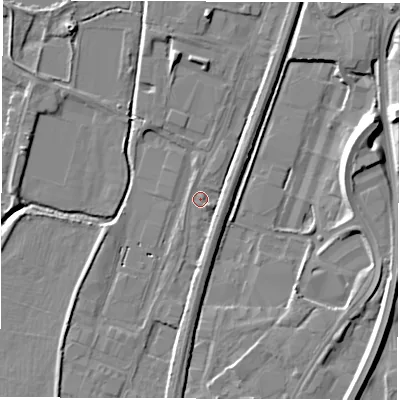 Shaded relief map of the ground around DE214AF, computed from Environment Agency LiDAR. The ground here sits at about 48 m above sea level and falls 12 m across the surrounding 800 m. Surface water reaching this point runs off ground lying to the south-east, 1.4 m higher.