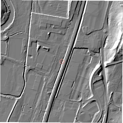 Shaded relief map of the ground around DE214AG, computed from Environment Agency LiDAR. The ground here sits at about 48 m above sea level and falls 23 m across the surrounding 800 m. Surface water reaching this point runs off ground lying to the north, 6.4 m higher.
