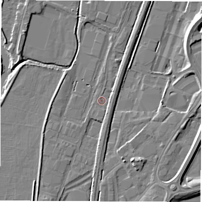 Shaded relief map of the ground around DE214AL, computed from Environment Agency LiDAR. The ground here sits at about 48 m above sea level and falls 11 m across the surrounding 800 m. Surface water reaching this point runs off ground lying to the north-east, 2.5 m higher.