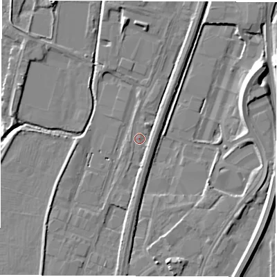 Shaded relief map of the ground around DE214AN, computed from Environment Agency LiDAR. The ground here sits at about 48 m above sea level and falls 11 m across the surrounding 800 m. Surface water reaching this point runs off ground lying to the north, 4.4 m higher.