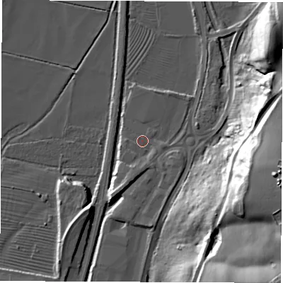 Shaded relief map of the ground around DE214AP, computed from Environment Agency LiDAR. The ground here sits at about 50 m above sea level and falls 39 m across the surrounding 800 m. Surface water reaching this point runs off ground lying to the south-south-west, 3.4 m higher.