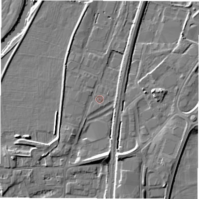 Shaded relief map of the ground around DE214AS, computed from Environment Agency LiDAR. The ground here sits at about 48 m above sea level and falls 9 m across the surrounding 800 m. Surface water reaching this point runs off ground lying to the south, 7.4 m higher.