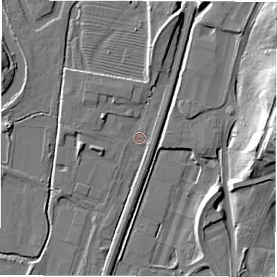 Shaded relief map of the ground around DE214AT, computed from Environment Agency LiDAR. The ground here sits at about 48 m above sea level and falls 25 m across the surrounding 800 m. Surface water reaching this point runs off ground lying to the north-north-east, 7.6 m higher.