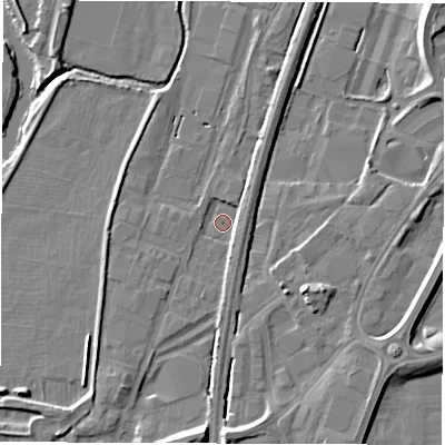 Shaded relief map of the ground around DE214AU, computed from Environment Agency LiDAR. The ground here sits at about 47 m above sea level and falls 9 m across the surrounding 800 m. Surface water reaching this point runs off ground lying to the east-north-east, 2.4 m higher.
