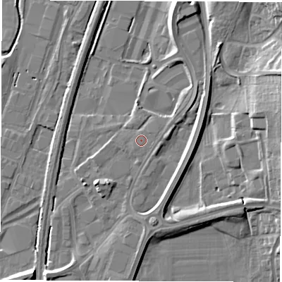 Shaded relief map of the ground around DE214AW, computed from Environment Agency LiDAR. The ground here sits at about 49 m above sea level and falls 15 m across the surrounding 800 m. Surface water reaching this point runs off ground lying to the east-north-east, 0.9 m higher.