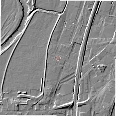 Shaded relief map of the ground around DE214AY, computed from Environment Agency LiDAR. The ground here sits at about 48 m above sea level and falls 9 m across the surrounding 800 m. Surface water reaching this point runs off ground lying to the south-south-east, 7.4 m higher.