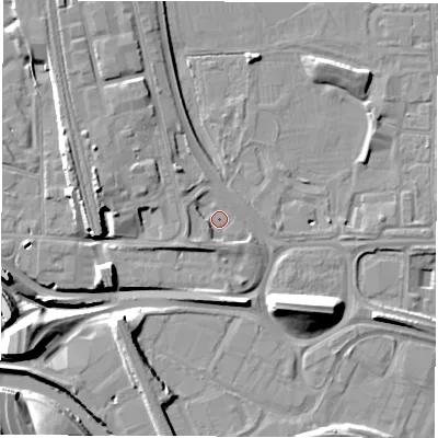 Shaded relief map of the ground around DE214AZ, computed from Environment Agency LiDAR. The ground here sits at about 46 m above sea level and falls 14 m across the surrounding 800 m. Surface water reaching this point runs off ground lying to the west-south-west, 2.5 m higher.