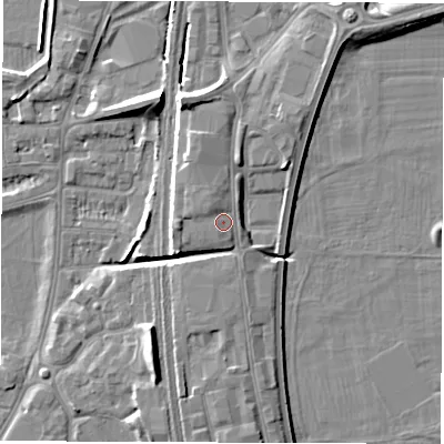 Shaded relief map of the ground around DE214BD, computed from Environment Agency LiDAR. The ground here sits at about 50 m above sea level and falls 8 m across the surrounding 800 m. Surface water reaching this point runs off ground lying to the north-north-west, 1.6 m higher.