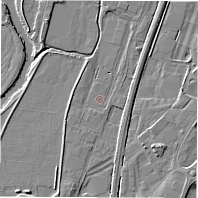 Shaded relief map of the ground around DE214BF, computed from Environment Agency LiDAR. The ground here sits at about 48 m above sea level and falls 7 m across the surrounding 800 m. Surface water reaching this point runs off ground lying to the north, 0.8 m higher.