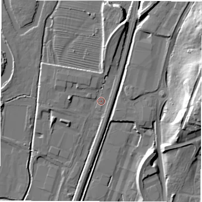 Shaded relief map of the ground around DE214ED, computed from Environment Agency LiDAR. The ground here sits at about 49 m above sea level and falls 26 m across the surrounding 800 m. Surface water reaching this point runs off ground lying to the north-north-east, 7.6 m higher.