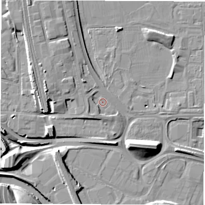 Shaded relief map of the ground around DE214LT, computed from Environment Agency LiDAR. The ground here sits at about 46 m above sea level and falls 14 m across the surrounding 800 m. Surface water reaching this point runs off ground lying to the west-south-west, 2.5 m higher.