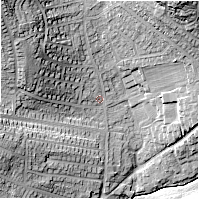 Shaded relief map of the ground around DE214LY, computed from Environment Agency LiDAR. The ground here sits at about 60 m above sea level and falls 35 m across the surrounding 800 m. Surface water reaching this point runs off ground lying to the north-west, 26.7 m higher.