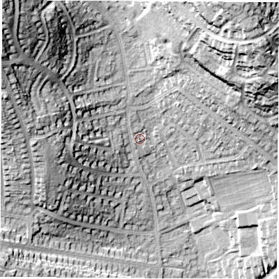 Shaded relief map of the ground around DE214LZ, computed from Environment Agency LiDAR. The ground here sits at about 65 m above sea level and falls 39 m across the surrounding 800 m. Surface water reaching this point runs off ground lying to the north-north-west, 2.0 m higher.