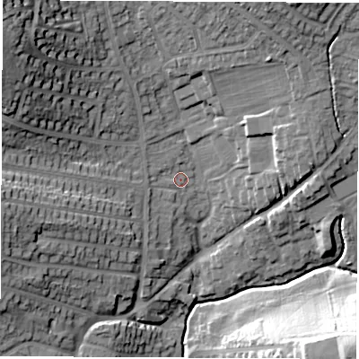Shaded relief map of the ground around DE214NH, computed from Environment Agency LiDAR. The ground here sits at about 58 m above sea level and falls 30 m across the surrounding 800 m. Surface water reaching this point runs off ground lying to the north-west, 22.4 m higher.