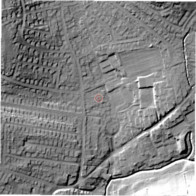 Shaded relief map of the ground around DE214NJ, computed from Environment Agency LiDAR. The ground here sits at about 59 m above sea level and falls 30 m across the surrounding 800 m. Surface water reaching this point runs off ground lying to the north-west, 1.8 m higher.