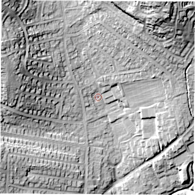 Shaded relief map of the ground around DE214NP, computed from Environment Agency LiDAR. The ground here sits at about 60 m above sea level and falls 32 m across the surrounding 800 m. Surface water reaching this point runs off ground lying to the north-north-east, 22.3 m higher.