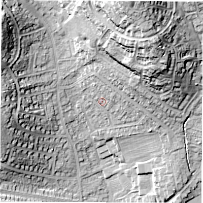 Shaded relief map of the ground around DE214NR, computed from Environment Agency LiDAR. The ground here sits at about 67 m above sea level and falls 35 m across the surrounding 800 m. Surface water reaching this point runs off ground lying to the north, 4.8 m higher.