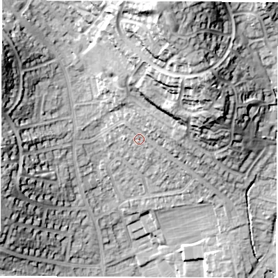 Shaded relief map of the ground around DE214NT, computed from Environment Agency LiDAR. The ground here sits at about 70 m above sea level and falls 35 m across the surrounding 800 m. Surface water reaching this point runs off ground lying to the north-east, 17.6 m higher.
