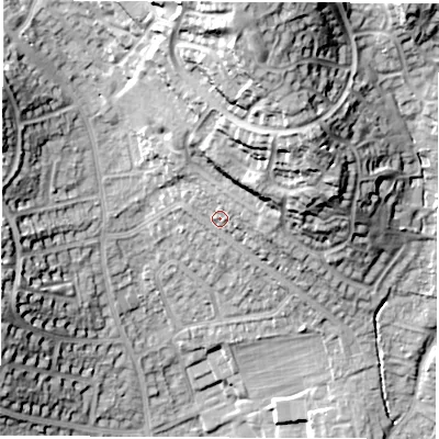 Shaded relief map of the ground around DE214NU, computed from Environment Agency LiDAR. The ground here sits at about 71 m above sea level and falls 36 m across the surrounding 800 m. Surface water reaching this point runs off ground lying to the north-east, 17.5 m higher.