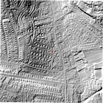 Shaded relief map of the ground around DE214NZ, computed from Environment Agency LiDAR. The ground here sits at about 65 m above sea level and falls 40 m across the surrounding 800 m. Surface water reaching this point runs off ground lying to the west-north-west, 16.3 m higher.