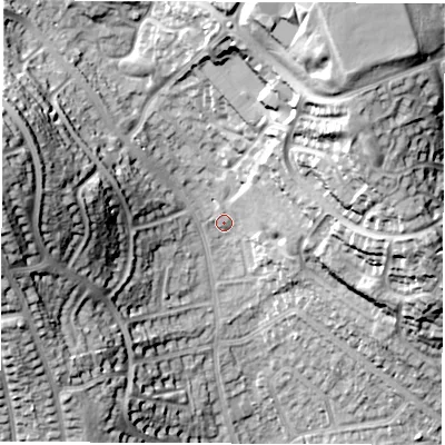 Shaded relief map of the ground around DE214PE, computed from Environment Agency LiDAR. The ground here sits at about 71 m above sea level and falls 35 m across the surrounding 800 m. Surface water reaching this point runs off ground lying to the north-east, 23.8 m higher.