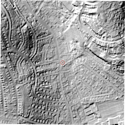 Shaded relief map of the ground around DE214PF, computed from Environment Agency LiDAR. The ground here sits at about 68 m above sea level and falls 38 m across the surrounding 800 m. Surface water reaching this point runs off ground lying to the north-north-east, 25.8 m higher.