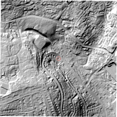 Shaded relief map of the ground around DE214PL, computed from Environment Agency LiDAR. The ground here sits at about 80 m above sea level and falls 34 m across the surrounding 800 m. Surface water reaching this point runs off ground lying to the south-west, 20.5 m higher.
