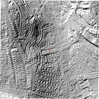 Shaded relief map of the ground around DE214PN, computed from Environment Agency LiDAR. The ground here sits at about 70 m above sea level and falls 41 m across the surrounding 800 m. Surface water reaching this point runs off ground lying to the west-north-west, 9.4 m higher.