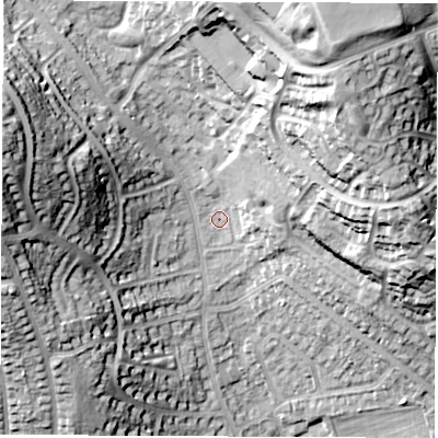 Shaded relief map of the ground around DE214PR, computed from Environment Agency LiDAR. The ground here sits at about 69 m above sea level and falls 35 m across the surrounding 800 m. Surface water reaching this point runs off ground lying to the north-east, 24.6 m higher.
